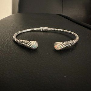Sterling Silver Created Opal Tear Bali Hinged Cuff Bracelet